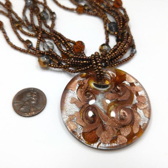 Murano Glass Pendant Beaded Necklace, Bronze Copper Glass, Seed Beads - Picture 10 of 10